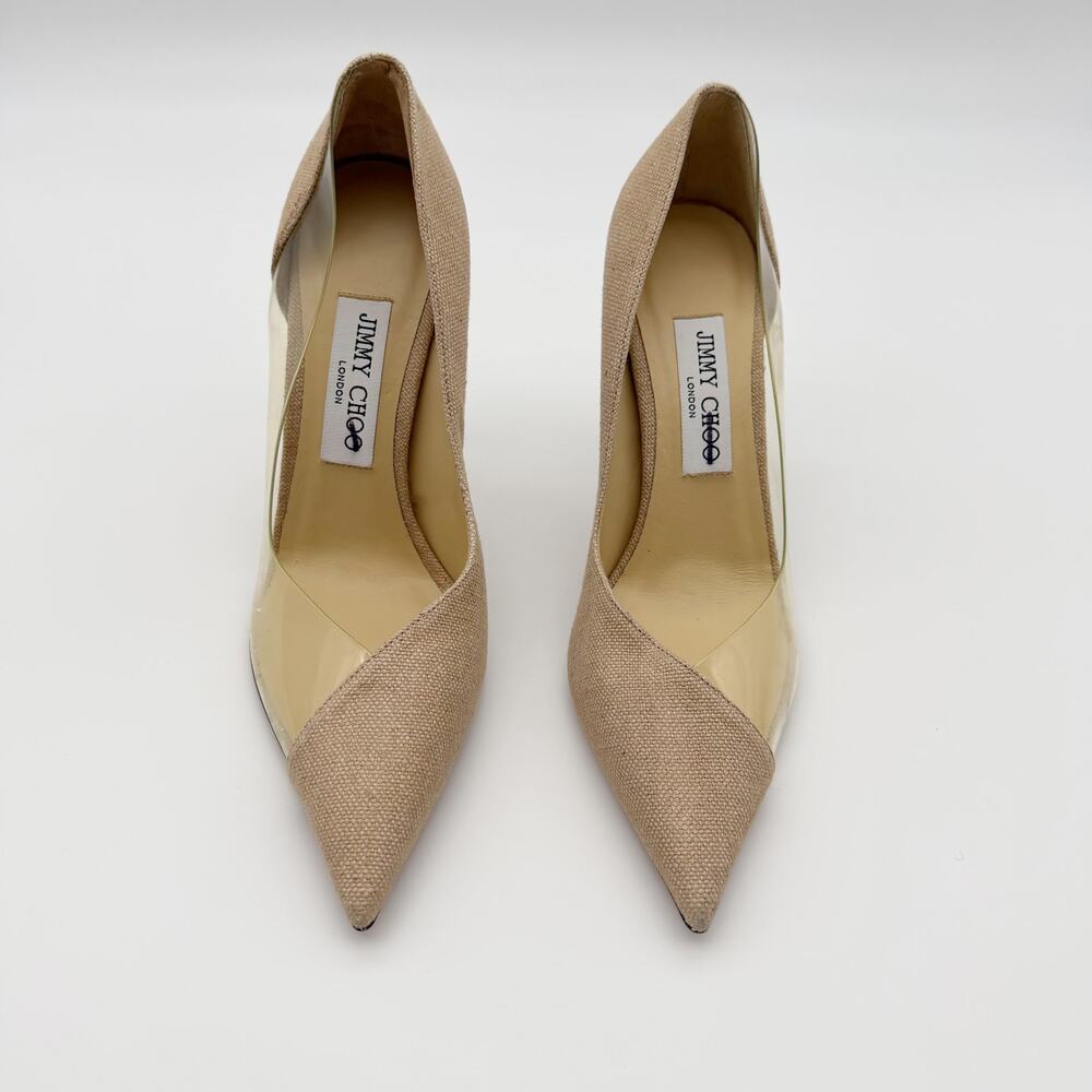 Jimmy Choo Pumps PVC Tan Linen Cass Clear Vinyl Pointed Toe Stiletto Heels 37